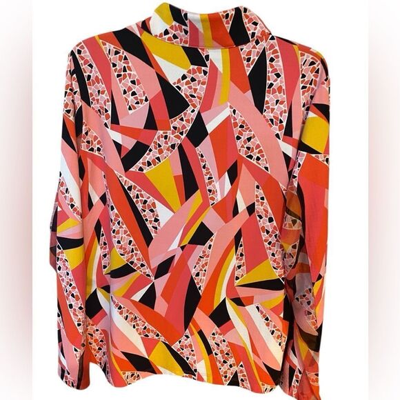 Ibkul Sz XL Vibrant Orange Geometric Print Pickleball Sporty Long Sleeve Polo - Picture 2 of 9